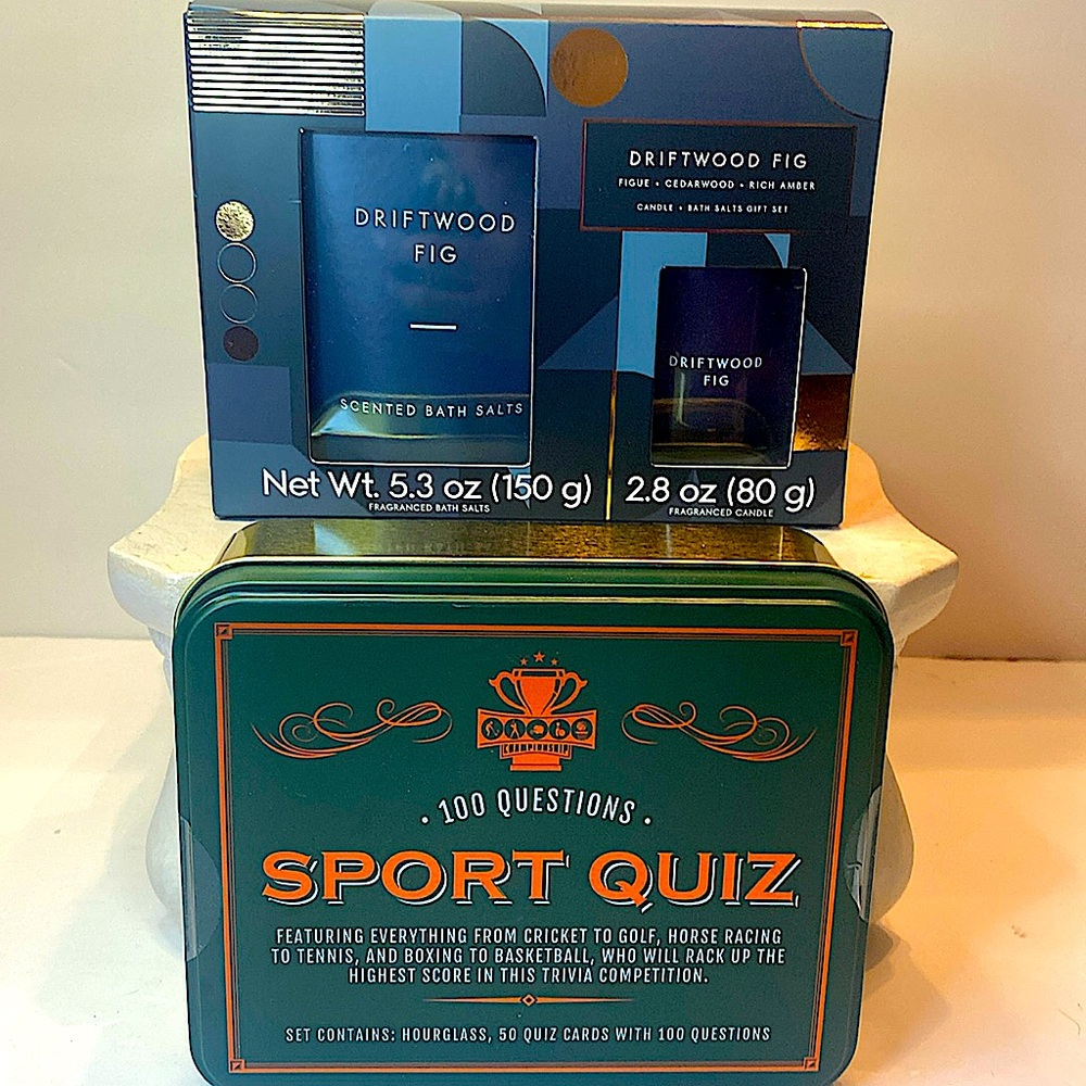 NEW 2 PIECE MENS SET 1 SPORTS 100 QUESTIONS QUIZ & 1 SCENTED BATH SALT 1 CANDLE